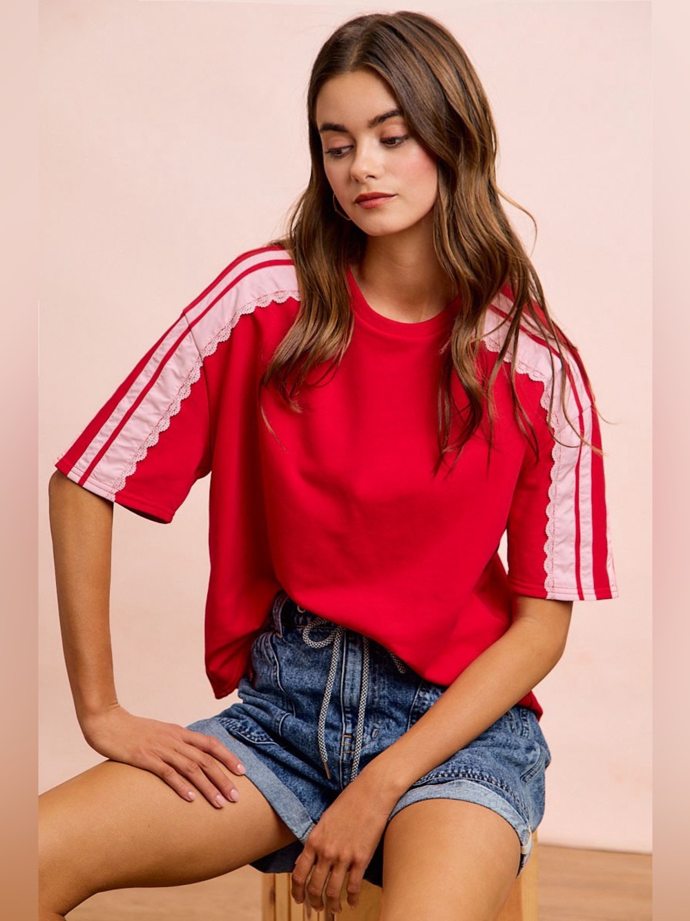 BiBi French Terry Side Lace Detail Short Sleeves Top - Picture 1 of 15